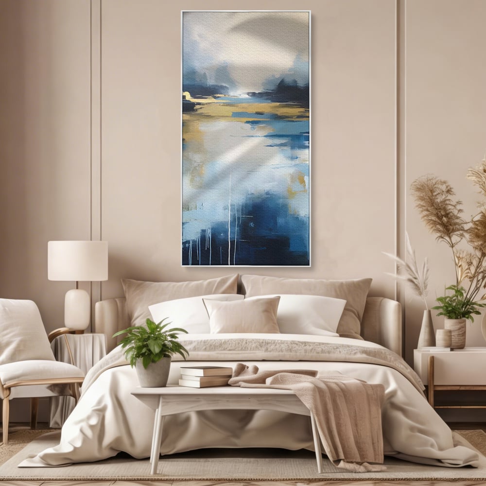 Tablou canvas cu pictura abstracta cu peisaj si cer, in rama de aluminiu argintiu, pe perete intr-un dormitor